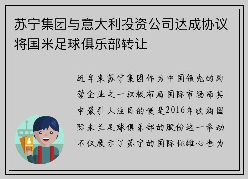 苏宁集团与意大利投资公司达成协议将国米足球俱乐部转让